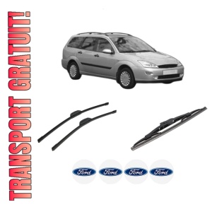 Set 3 stergatoare FORD FOCUS I Turnier (DNW) din 1999-2005, pentru parbriz si luneta fata si spate auto, Bosch Twin-Aerotwin Retrofit, din cauciuc siliconat rezistent, 4 Stickere Auto FORD