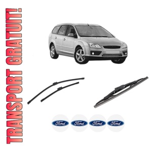 Set 3 stergatoare FORD FOCUS II Turnier (DA_, FFS, DS) din 2004-2012, pentru parbriz si luneta fata si spate auto, Bosch Twin-Aerotwin, din cauciuc siliconat rezistent, 4 Stickere Auto FORD