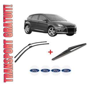 Set 3 stergatoare FORD FOCUS III din 2010 - 2020, pentru parbriz si luneta fata si spate auto, Valeo Silencio, din cauciuc siliconat rezistent, 4 Stickere Auto FORD