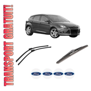 Set 3 stergatoare FORD FOCUS III din 2010-2020, pentru parbriz si luneta fata si spate auto, Bosch Twin-Aerotwin Multi, din cauciuc siliconat rezistent, 4 Stickere Auto FORD