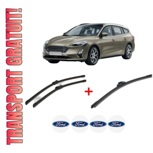 Set 3 stergatoare FORD FOCUS IV Turnier (HP) din 2018, pentru parbriz si luneta fata si spate auto, Bosch Aerotwin, din cauciuc siliconat rezistent, 4 Stickere Auto FORD