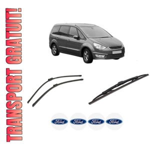 Set 3 stergatoare FORD GALAXY II (WA6) din 2006-2015, pentru parbriz si luneta fata si spate auto, Bosch Twin-Aerotwin, din cauciuc siliconat rezistent, 4 Stickere Auto FORD