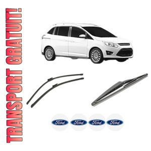 Set 3 stergatoare FORD GRAND C-MAX Van din 2010-2019, pentru parbriz si luneta fata si spate auto, Bosch Twin-Aerotwin, din cauciuc siliconat rezistent, 4 Stickere Auto FORD