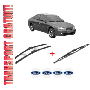 Set 3 stergatoare FORD MONDEO II (BAP) din 1996 - 2000, pentru parbriz si luneta fata si spate auto, Bosch Twin, din cauciuc siliconat rezistent, 4 Stickere Auto FORD