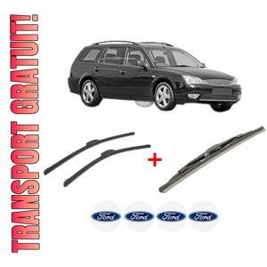 Set 3 stergatoare FORD MONDEO III Turnier (BWY) din 2000 - 2007, pentru parbriz si luneta fata si spate auto, Bosch Twin, din cauciuc siliconat rezistent, 4 Stickere Auto FORD