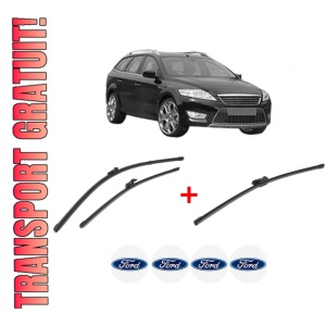 Set 3 stergatoare FORD MONDEO IV (BA7) din 2007 - 2015, pentru parbriz si luneta fata si spate auto, Valeo Silencio Xtrm, din cauciuc siliconat rezistent, 4 Stickere Auto FORD