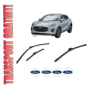 Set 3 stergatoare FORD PUMA (J2K, CF7) din 2019-2023, pentru parbriz si luneta fata si spate auto, Bosch Aerotwin-Aerotwin, din cauciuc siliconat rezistent, 4 Stickere Auto FORD