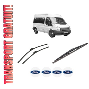 Set 3 stergatoare FORD TRANSIT Bus (FD_ _, FB_ _, FS_ _, FZ_ _, FC_ _) din 2000-2014, pentru parbriz si luneta fata si spate auto, Bosch Twin-Aerotwin Retrofit, din cauciuc siliconat rezistent, 4 Stickere Auto FORD