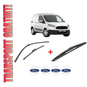 Set 3 stergatoare FORD TRANSIT COURIER B460 Box Body/MPV din 2014 - 2023, pentru parbriz si luneta fata si spate auto, Valeo Silencio, din cauciuc siliconat rezistent, 4 Stickere Auto FORD