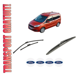 Set 3 stergatoare FORD TRANSIT COURIER B460 MPV din 2014-2023, pentru parbriz si luneta fata si spate auto, Bosch Twin-Aerotwin, din cauciuc siliconat rezistent, 4 Stickere Auto FORD