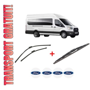 Set 3 stergatoare FORD TRANSIT V363 Bus (FAD, FBD) din 2013 - 2024, pentru parbriz si luneta fata si spate auto, Bosch Twin, din cauciuc siliconat rezistent, 4 Stickere Auto FORD
