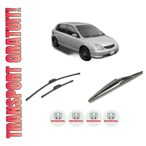 Set 3 stergatoare HONDA CIVIC VII Hatchback (EU, EP, EV) din 2000-2005, pentru parbriz si luneta fata si spate auto, Bosch Twin-Aerotwin Retrofit, din cauciuc siliconat rezistent, 4 Stickere Auto HONDA