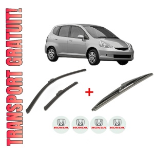 Set 3 stergatoare HONDA JAZZ II (GD_, GE3, GE2) din 2002 - 2008, pentru parbriz si luneta fata si spate auto, Bosch Twin, din cauciuc siliconat rezistent, 4 Stickere Auto HONDA