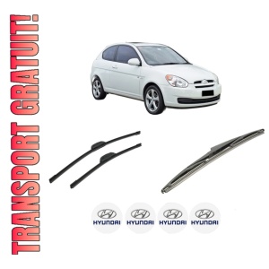 Set 3 stergatoare HYUNDAI ACCENT III (MC) din 2005-2010, pentru parbriz si luneta fata si spate auto, Bosch Twin-Aerotwin Retrofit, din cauciuc siliconat rezistent, 4 Stickere Auto HYUNDAI