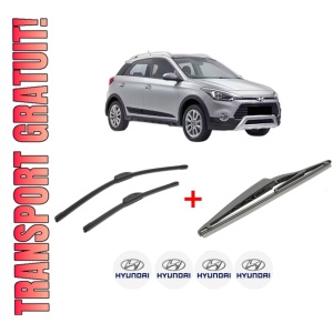 Set 3 stergatoare HYUNDAI i20 ACTIVE (IB, GB) din 2015 - 2018, pentru parbriz si luneta fata si spate auto, Bosch Twin, din cauciuc siliconat rezistent, 4 Stickere Auto HYUNDAI