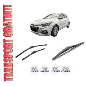 Set 3 stergatoare HYUNDAI i20 II Hatchback Van (GB, IB) din 2015-2021, pentru parbriz si luneta fata si spate auto, Bosch Twin-Aerotwin Retrofit, din cauciuc siliconat rezistent, 4 Stickere Auto HYUNDAI