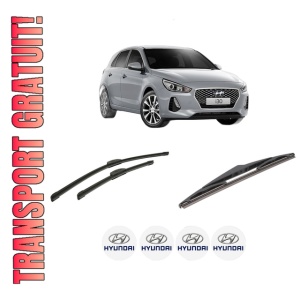 Set 3 stergatoare HYUNDAI i30 Hatchback Van (PDE) din 2016-2020, pentru parbriz si luneta fata si spate auto, Bosch Twin-Aerotwin Retrofit, din cauciuc siliconat rezistent, 4 Stickere Auto HYUNDAI