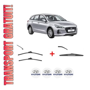 Set 3 stergatoare HYUNDAI i30 Kombi Van (PDE) din 2017 - 2020, pentru parbriz si luneta fata si spate auto, Valeo Silencio, din cauciuc siliconat rezistent, 4 Stickere Auto HYUNDAI