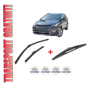 Set 3 stergatoare HYUNDAI SANTA FÉ III (DM, DMA) din 2012 - 2018, pentru parbriz si luneta fata si spate auto, Bosch Twin, din cauciuc siliconat rezistent, 4 Stickere Auto HYUNDAI