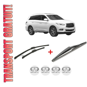 Set 3 stergatoare INFINITI QX60 din 2012, pentru parbriz si luneta fata si spate auto, Bosch Twin, din cauciuc siliconat rezistent, 4 Stickere Auto INFINITI