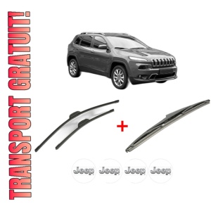 Set 3 stergatoare JEEP CHEROKEE (KL) din 2013 - 2018, pentru parbriz si luneta fata si spate auto, Bosch Twin, din cauciuc siliconat rezistent, 4 Stickere Auto JEEP
