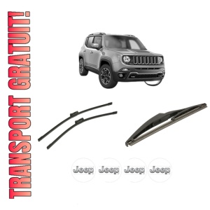 Set 3 stergatoare JEEP RENEGADE SUV (BU, B1, BV) din 2014-2022, pentru parbriz si luneta fata si spate auto, Bosch Twin-Aerotwin, din cauciuc siliconat rezistent, 4 Stickere Auto JEEP