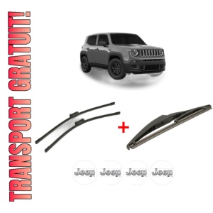 Set 3 stergatoare JEEP RENEGADE VAN (BU, B1) din 2014 - 2018, pentru parbriz si luneta fata si spate auto, Bosch Twin, din cauciuc siliconat rezistent, 4 Stickere Auto JEEP