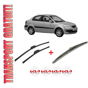 Set 3 stergatoare KIA RIO II Saloon (JB) din 2005 - 2011, pentru parbriz si luneta fata si spate auto, Bosch Twin, din cauciuc siliconat rezistent, 4 Stickere Auto KIA
