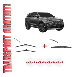 Set 3 stergatoare KIA SORENTO IV (MQ4, MQ4A) din 2020, pentru parbriz si luneta fata si spate auto, Valeo Silencio, din cauciuc siliconat rezistent, 4 Stickere Auto KIA