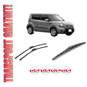 Set 3 stergatoare KIA SOUL I (AM) din 2009-2014, pentru parbriz si luneta fata si spate auto, Bosch Twin-Aerotwin Retrofit, din cauciuc siliconat rezistent, 4 Stickere Auto KIA