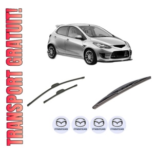 Set 3 stergatoare MAZDA 2 (DE_, DH_) din 2007-2015, pentru parbriz si luneta fata si spate auto, Bosch Twin-Aerotwin Retrofit, din cauciuc siliconat rezistent, 4 Stickere Auto MAZDA