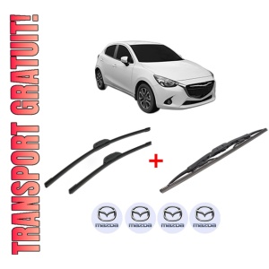 Set 3 stergatoare MAZDA 2 Hatchback (DL, DJ) din 2014, pentru parbriz si luneta fata si spate auto, Bosch Twin, din cauciuc siliconat rezistent, 4 Stickere Auto MAZDA