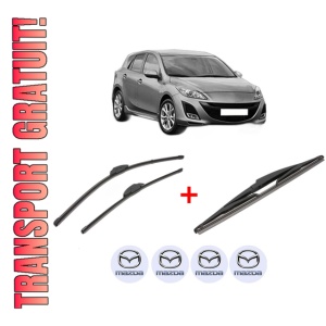 Set 3 stergatoare MAZDA 3 (BL) din 2008 - 2014, pentru parbriz si luneta fata si spate auto, Valeo Silencio, din cauciuc siliconat rezistent, 4 Stickere Auto MAZDA