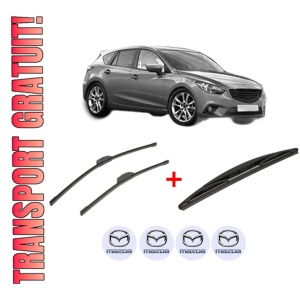 Set 3 stergatoare MAZDA 3 (BM, BN) din 2013 - 2019, pentru parbriz si luneta fata si spate auto, Bosch Twin, din cauciuc siliconat rezistent, 4 Stickere Auto MAZDA