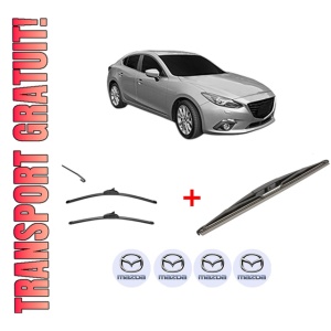Set 3 stergatoare MAZDA 3 Hatchback (BP) din 2018, pentru parbriz si luneta fata si spate auto, Valeo Silencio, din cauciuc siliconat rezistent, 4 Stickere Auto MAZDA