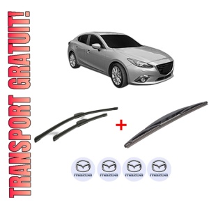 Set 3 stergatoare MAZDA 3 Hatchback (BP) din 2018, pentru parbriz si luneta fata si spate auto, Bosch Twin, din cauciuc siliconat rezistent, 4 Stickere Auto MAZDA