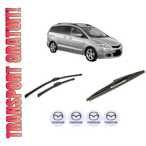 Set 3 stergatoare MAZDA 5 (CR) din 2005-2010, pentru parbriz si luneta fata si spate auto, Bosch Twin-Aerotwin Retrofit, din cauciuc siliconat rezistent, 4 Stickere Auto MAZDA