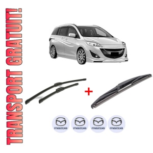 Set 3 stergatoare MAZDA 5 (CW) din 2010, pentru parbriz si luneta fata si spate auto, Bosch Twin, din cauciuc siliconat rezistent, 4 Stickere Auto MAZDA