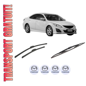 Set 3 stergatoare MAZDA 6 Hatchback (GH) din 2007-2013, pentru parbriz si luneta fata si spate auto, Bosch Twin-Aerotwin Retrofit, din cauciuc siliconat rezistent, 4 Stickere Auto MAZDA