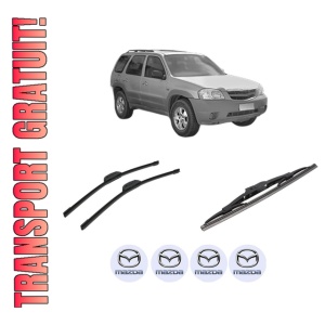 Set 3 stergatoare MAZDA TRIBUTE (EP) din 2000-2008, pentru parbriz si luneta fata si spate auto, Bosch Twin-Aerotwin Retrofit, din cauciuc siliconat rezistent, 4 Stickere Auto MAZDA