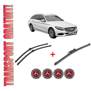 Set 3 stergatoare MERCEDES-BENZ C-CLASS T-Model (S205) din 2014 - 2021, pentru parbriz si luneta fata si spate auto, Valeo Silencio Xtrm, din cauciuc siliconat rezistent, 4 Stickere Auto MERCEDES-BENZ