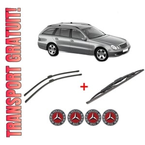 Set 3 stergatoare MERCEDES-BENZ E-CLASS T-Model (S211) din 2003 - 2009, pentru parbriz si luneta fata si spate auto, Bosch Twin, din cauciuc siliconat rezistent, 4 Stickere Auto MERCEDES-BENZ