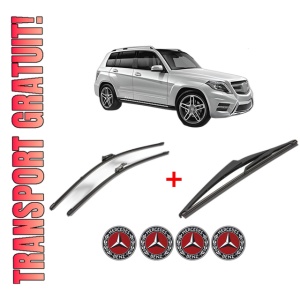 Set 3 stergatoare MERCEDES-BENZ GLK-CLASS (X204) din 2008 - 2015, pentru parbriz si luneta fata si spate auto, Valeo Silencio, din cauciuc siliconat rezistent, 4 Stickere Auto MERCEDES-BENZ