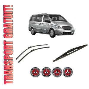 Set 3 stergatoare MERCEDES-BENZ VITO Bus (W639) din 2003-2014, pentru parbriz si luneta fata si spate auto, Bosch Twin-Aerotwin, din cauciuc siliconat rezistent, 4 Stickere Auto MERCEDES-BENZ