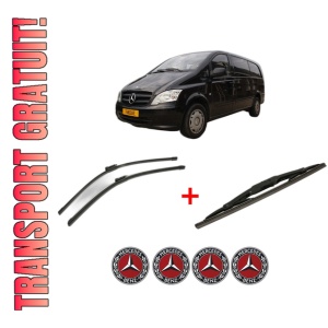 Set 3 stergatoare MERCEDES-BENZ VITO / MIXTO Van (W639) din 2003 - 2008, pentru parbriz si luneta fata si spate auto, Bosch Twin, din cauciuc siliconat rezistent, 4 Stickere Auto MERCEDES-BENZ