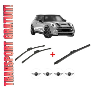 Set 3 stergatoare MINI MINI (F56) din 2013 - 2017, pentru parbriz si luneta fata si spate auto, Bosch Aerotwin, din cauciuc siliconat rezistent, 4 Stickere Auto MINI