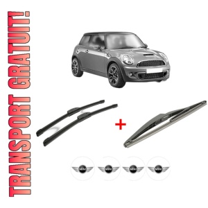 Set 3 stergatoare MINI MINI (R56) din 2006 - 2013, pentru parbriz si luneta fata si spate auto, Bosch Twin, din cauciuc siliconat rezistent, 4 Stickere Auto MINI