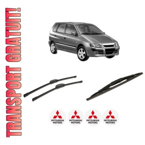 Set 3 stergatoare MITSUBISHI SPACE STAR MPV (DG_A) din 1998-2004, pentru parbriz si luneta fata si spate auto, Bosch Twin-Aerotwin Retrofit, din cauciuc siliconat rezistent, 4 Stickere Auto MITSUBISHI