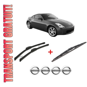 Set 3 stergatoare NISSAN 350Z Coupe (Z33) din 2002 - 2008, pentru parbriz si luneta fata si spate auto, Bosch Twin, din cauciuc siliconat rezistent, 4 Stickere Auto NISSAN
