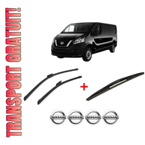Set 3 stergatoare NISSAN NV300 Kombi (X82) din 2016, pentru parbriz si luneta fata si spate auto, Bosch Twin, din cauciuc siliconat rezistent, 4 Stickere Auto NISSAN